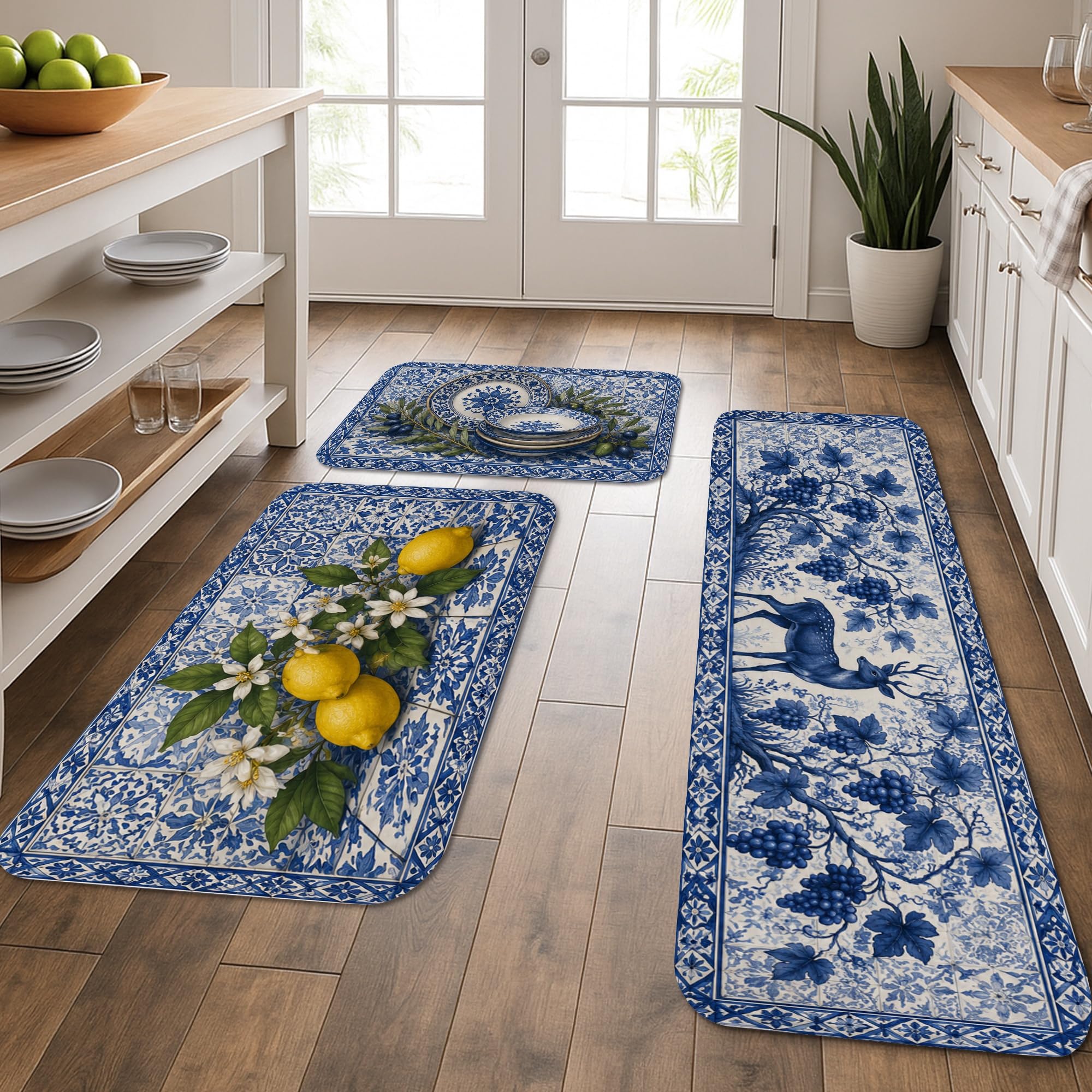 Tapis de cuisine lavable bleu lot de 3 pour sol glissant et évier fatiguant