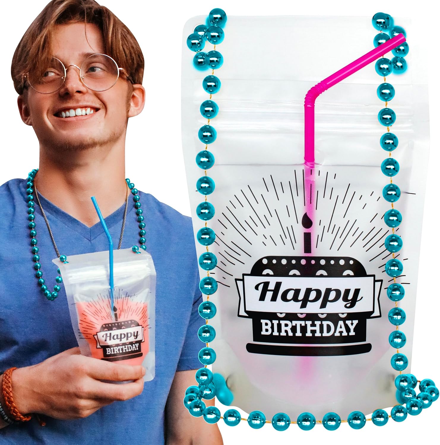 NeckSip Happy Birthday Wearable Drink Pouches 12oz 2-Pack, Turquoise Beads image 2