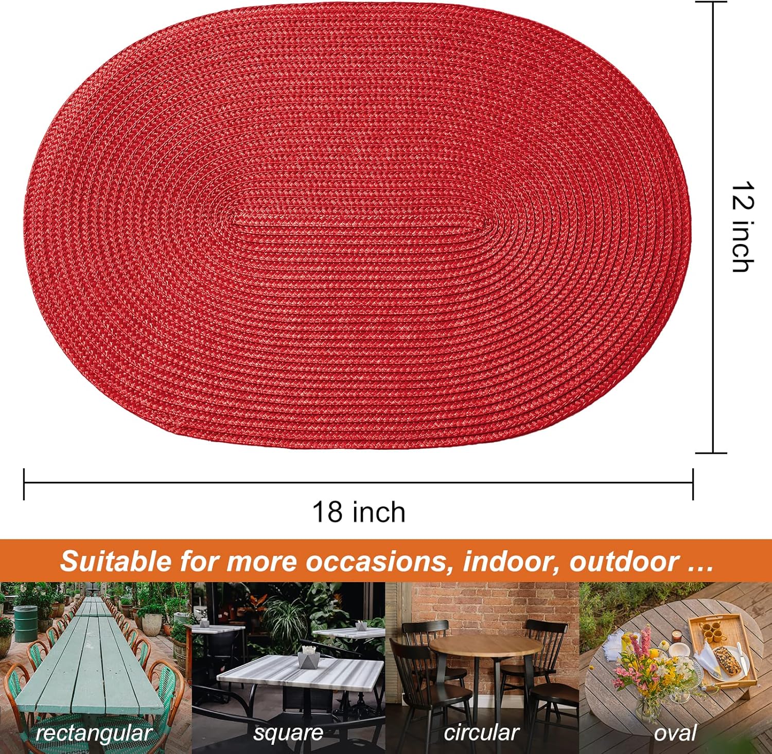 AHHFSMEI Placemats Set of 6 for Dining Table Washable Woven Non-Slip 18x12 inches Placemat Heat-Resistant Durable Table Mats for Dining Table Easy to Clean (Oval red, 6)
