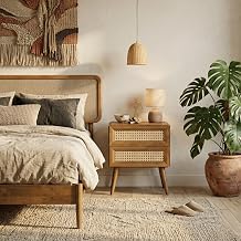 NTC Mel Solid Wood Nightstand with 2 Drawers, Handwoven Natural Rattan Bedside Table, Mid Century Modern Night Stand, Wooden Side Table for Bedroom, Easy Assembly, Teak Look