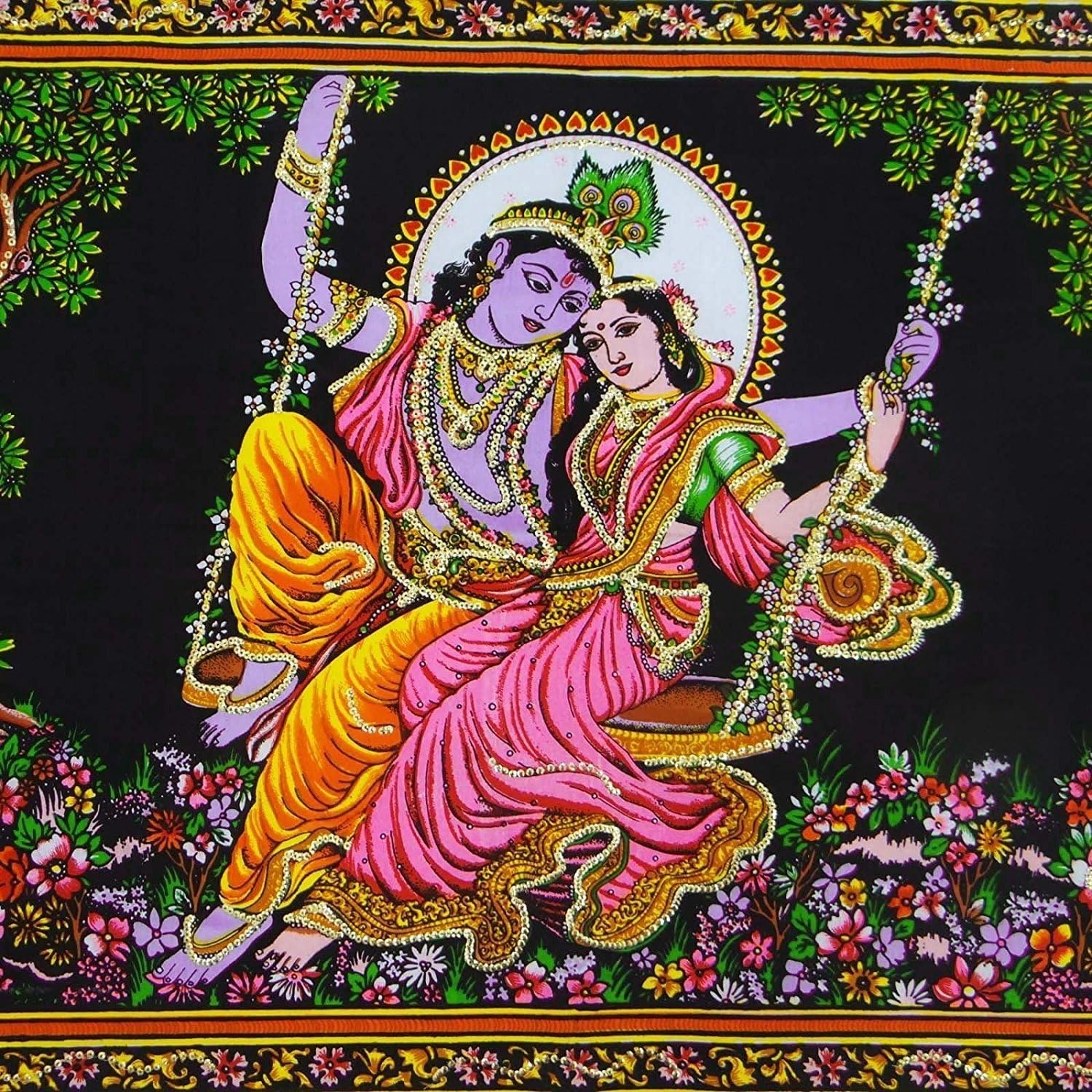 God Multi Indian Arjun Buddha Tapestry Sequin Wall Work Handmade Krishna Radha Hanging Ethnic Ram Sai Baba Cotton Poster Laxmi Unique Poster (Radha Krishna Hammock)
