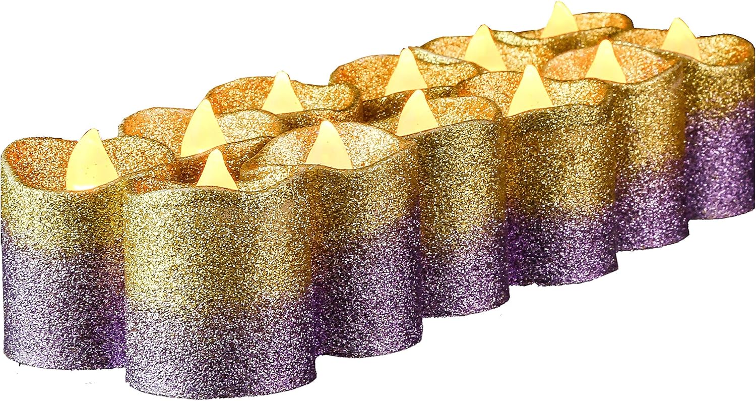 LOGUIDE Gold Flameless Votive Candles, 12-Pack Gold & Purple Glitter Battery Operated LED Tea Lights Candle for Christmas Decorations, Wedding Centerpieces, Party, Birthday, Anniversary