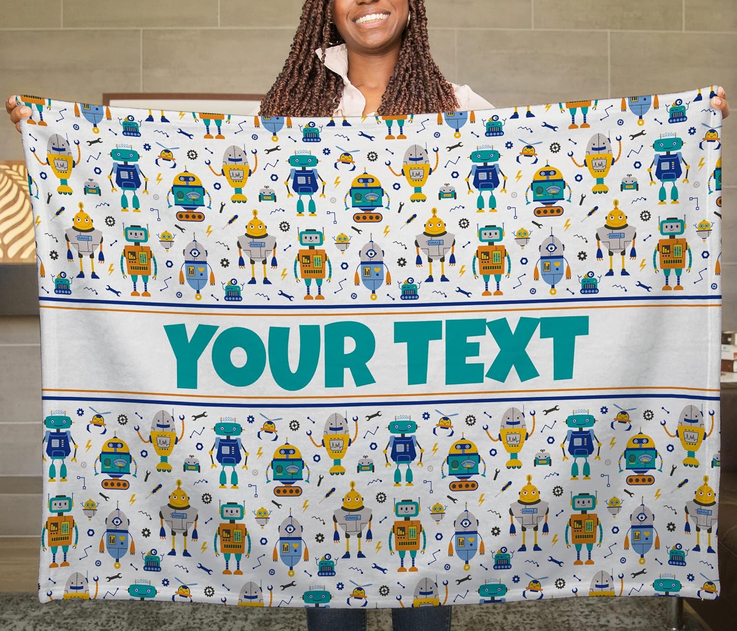 Personalized Blanket for Kids - Robots, Custom Name/Text, Lightweight Plush Fleece Throw for Summer/Daycare, Customized Gift/Birthday Present for Boys/Girls, 50"x60"