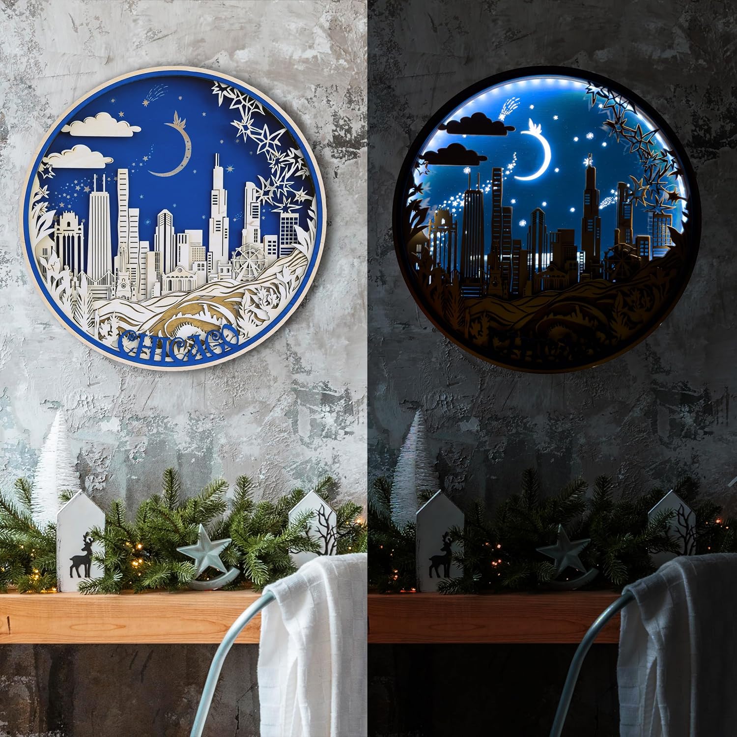 3D Chicago Skyline Wall Art Wood Night Light - Handcrafted Cityscape