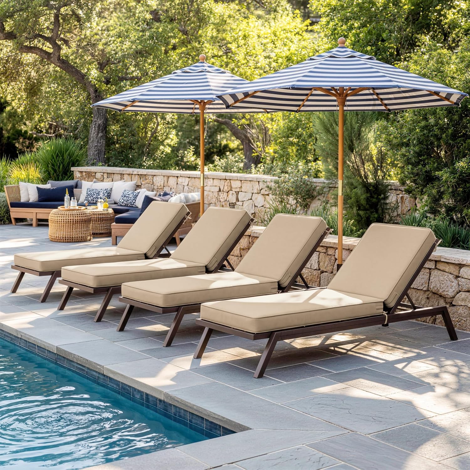 Outdoor Chaise Lounge Cushions Set of 4,Waterproof & Fade-Resistant Lounge Chair Cushion with Removable Cover & Tie Straps,Replacement Lounge Chair Pads for Lawn, Patio, Pool & Beach