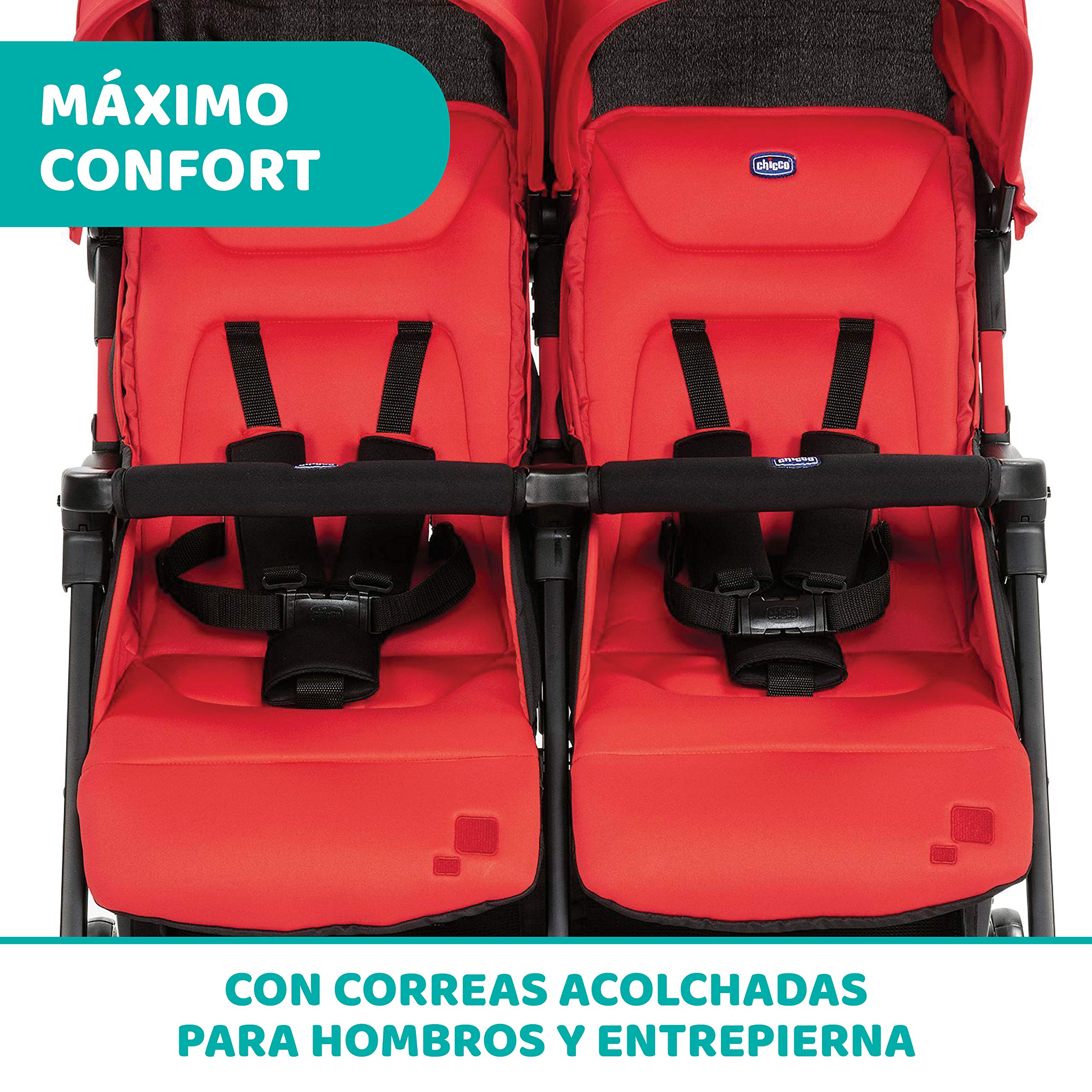 Chicco OHlalà Twin Silla de Paseo Gemelar desde 0 Meses hasta 15 kg para Gemelos y Hermanos, Cochecito Doble Reclinable y Plegable, Muy Ligero, Plegado Compacto, Cubierta para Lluvia - Color Rojo