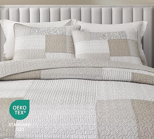 Vista 105 de Chezmoi Collection Samuel Juego de colcha con relleno de cuadros gris pardo, blanco y azul marino, 3 piezas, retales, algodón prelavado, ligero