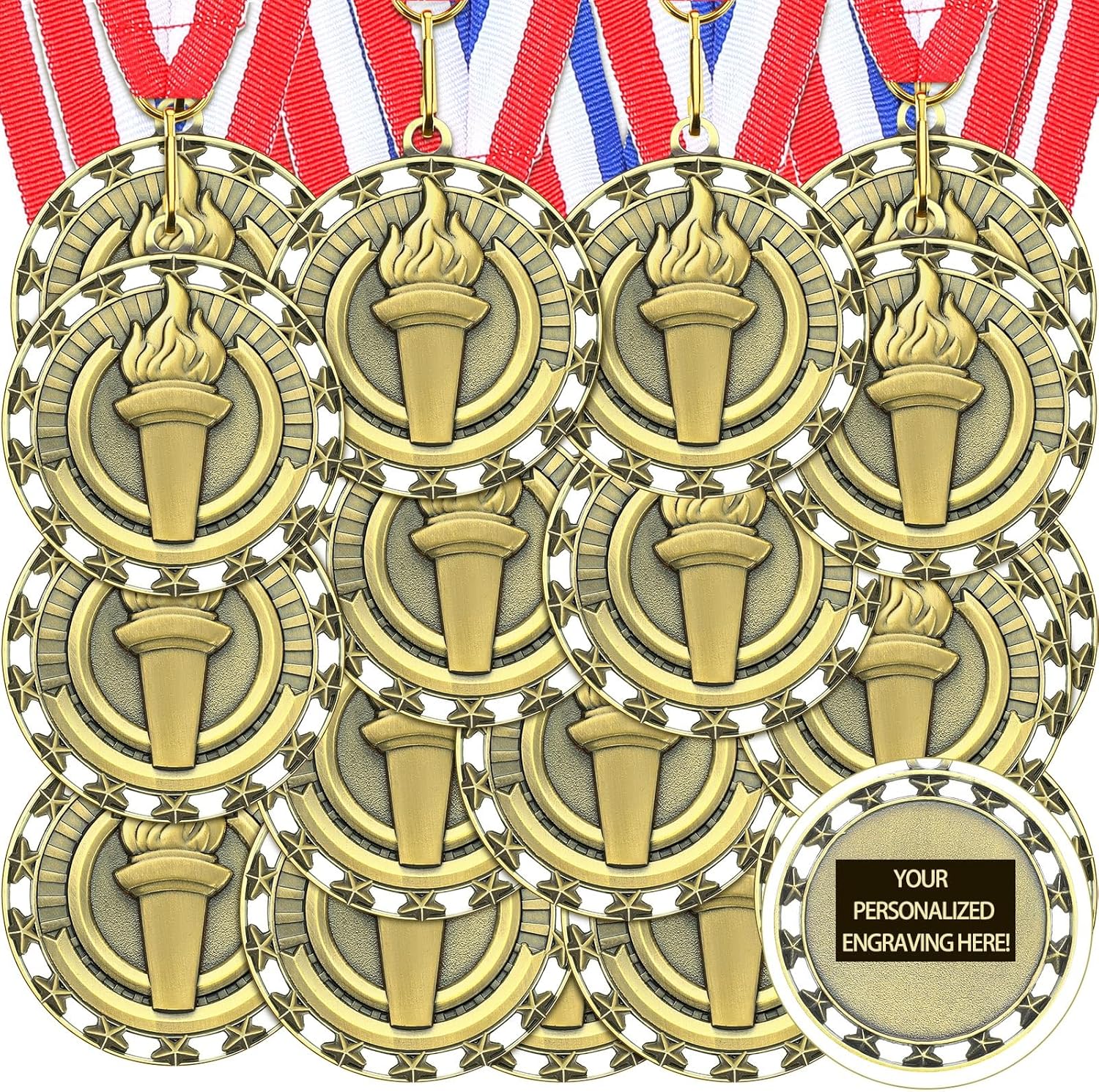 36 Pcs Gold Medals for Award MVP Victory Torch Medals with Ribbons Bulk Sports Trophy Basketball Volleyball Soccer Champion Most Valuable Player for Team Participation Winner Prizes