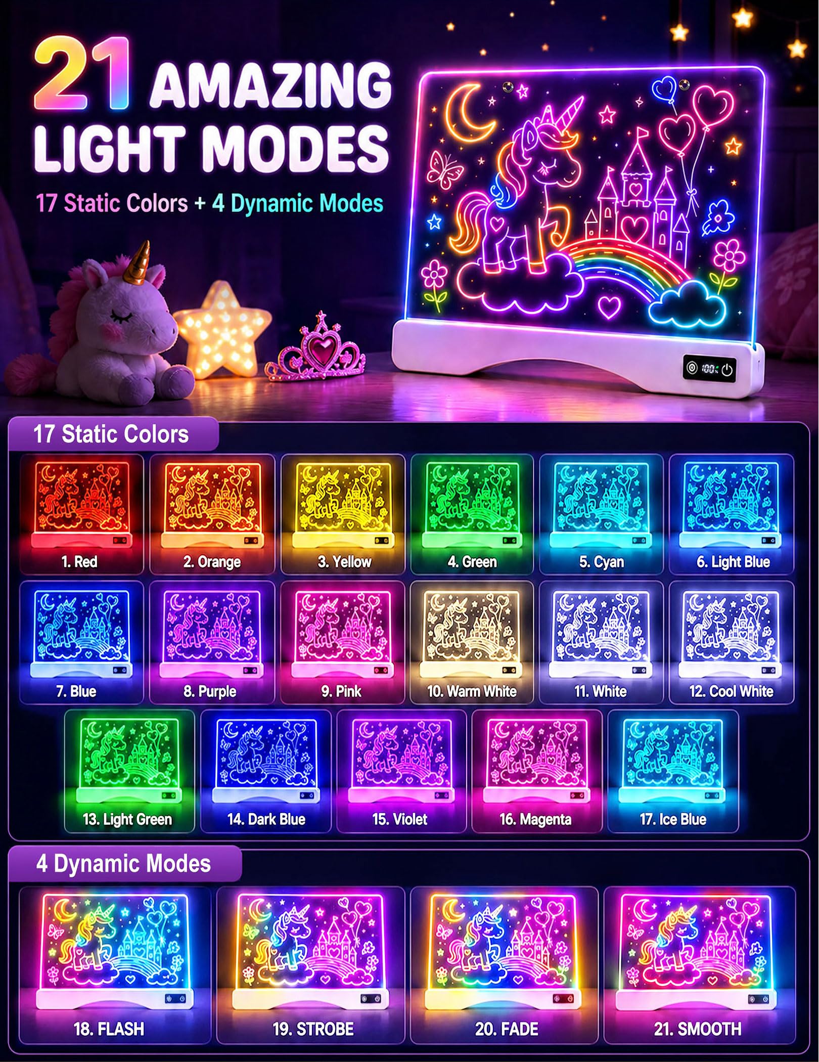 Lavagna da disegno a LED ricaricabile per bambini, 40,6 cm, luminosità regolabile, con telecomando, 21 effetti di luce, in acrilico, cancellabile a secco, con 12 pennarelli, regalo di compleanno per