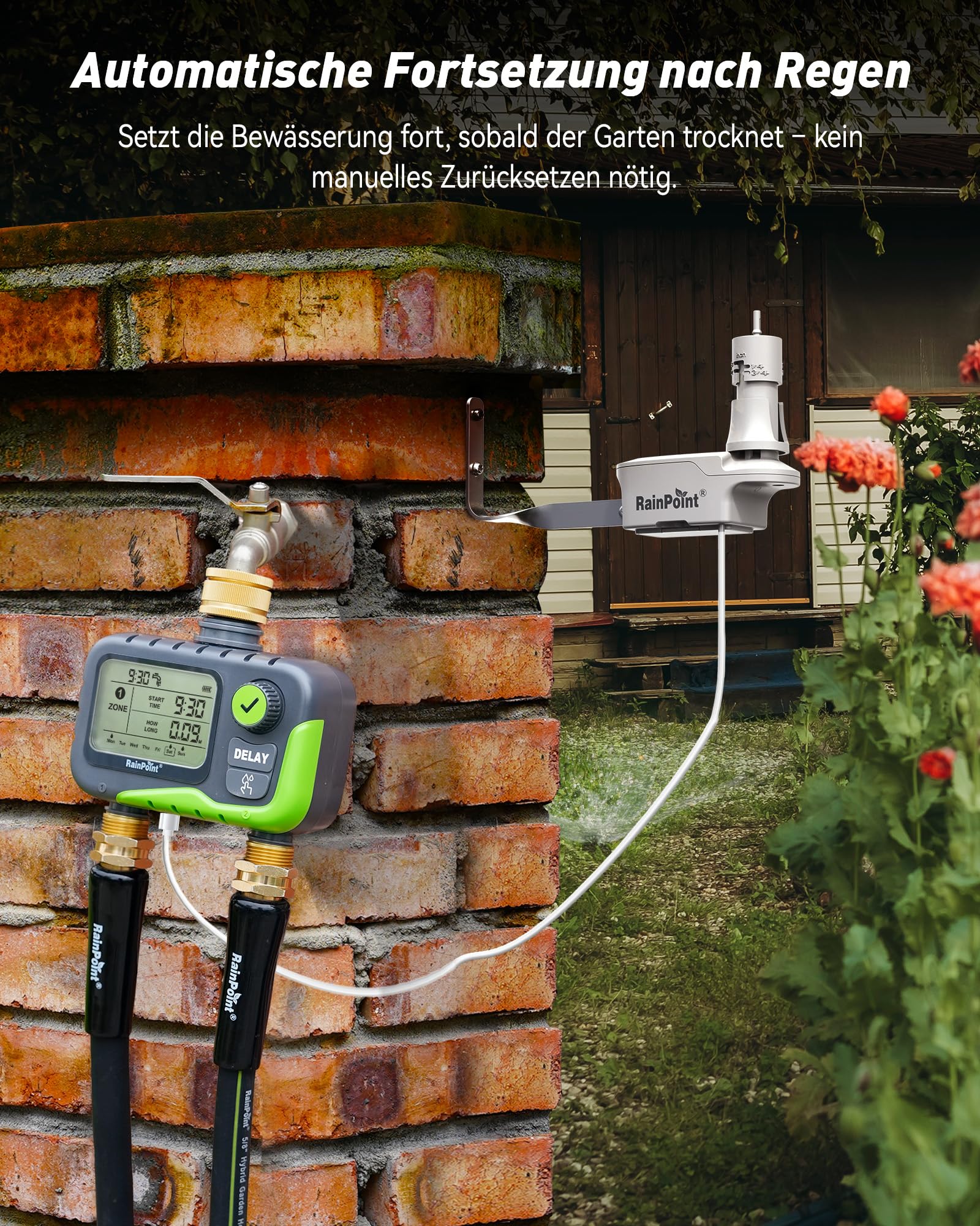 RAINPOINT Bewässerungscomputer mit 2 Ausgängen, großes All-in-One LCD-Display, 2-Zonen Zeitschaltuhr Set mit Regensensor, automatischer Regenstopp, Regenverzögerung, IP65 wasserdicht für Garten
