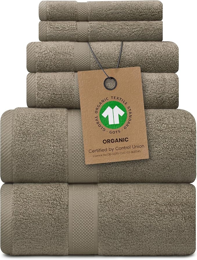 100% Organic Zero-Twist Cotton Towels - GOTS Certified Luxury Bath Towels - Ultra Soft & Plush 700GSM Long-Staple Cotton - 6 Piece Towel Set (Taupe)