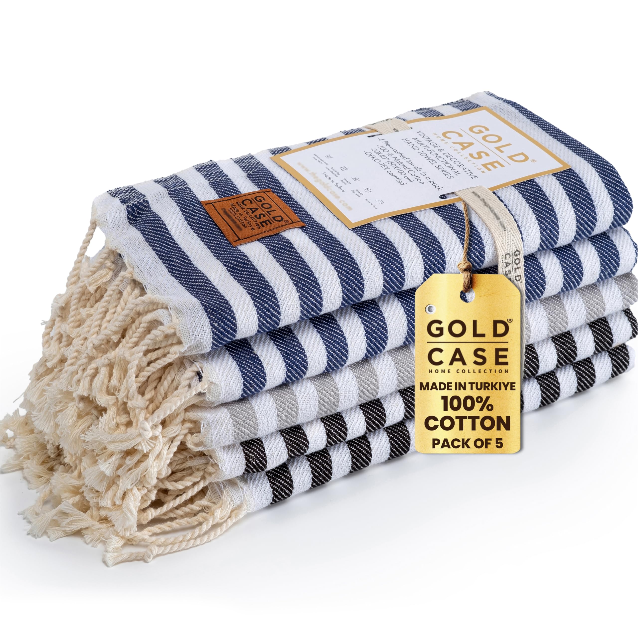 Gold Case Home Collection Gold CASE Turkish Hand Towels Set of 5 – 100% Cotton Hand Towels for Bathroom 20 x 40'' – Soft & Quick Dry Cotton Towel for Hands, Hair, SPA & Gym – Elegant Bathroom Towel Set in Multi Dark