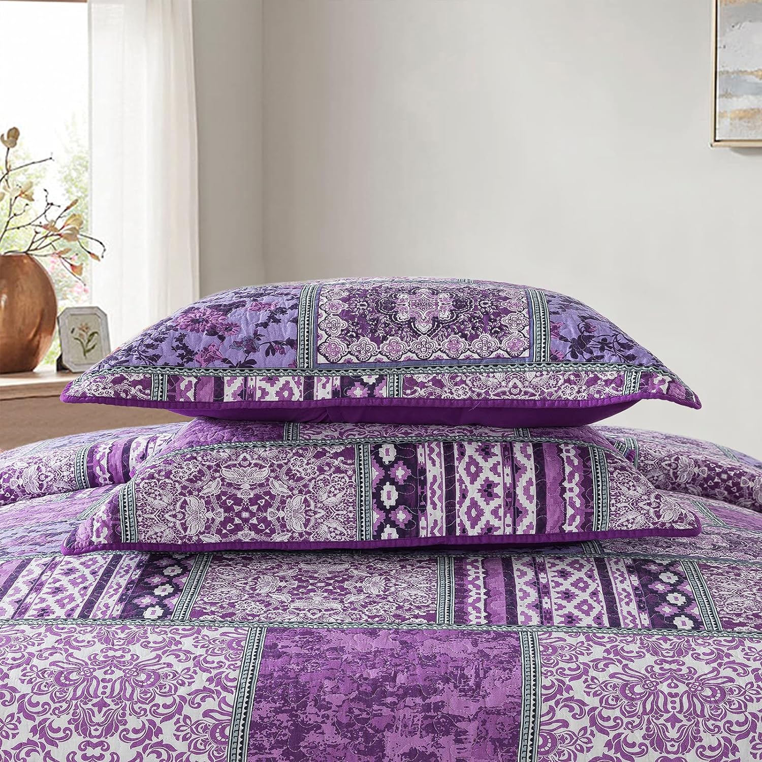 NEWLAKE Cotton Bedspread Quilt Sets-Reversible Patchwork Coverlet Set, Purple Classic Bohemian Pattern,Queen Size - Image 5