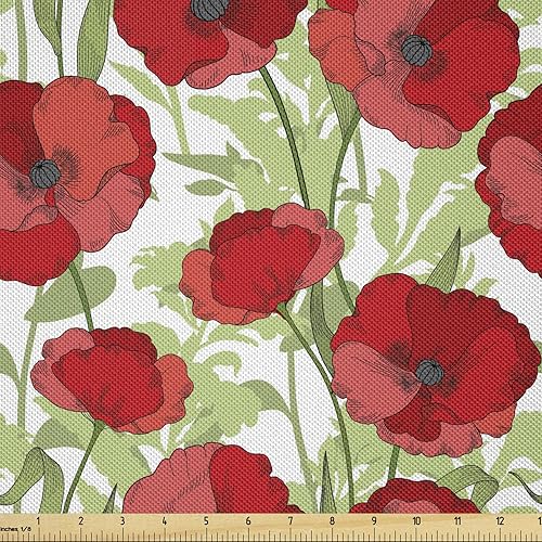 Ambesonne Floral Fabric by The Yard, Poppy Petals Continuous Pattern Spring Summer Leaves Garden Nature, Decorative Satin Fabric for Home Textiles