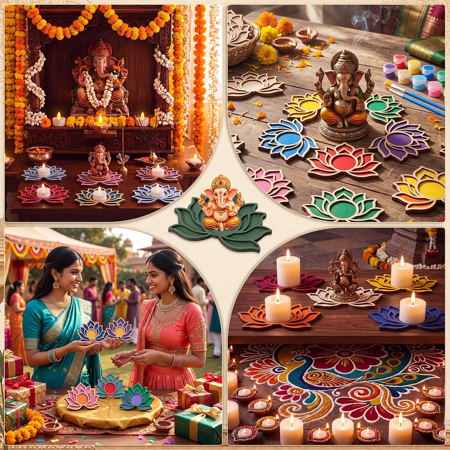 DoubleFill 10 Pcs Diwali Wooden Candle Holders Crafts Decor, Lotus