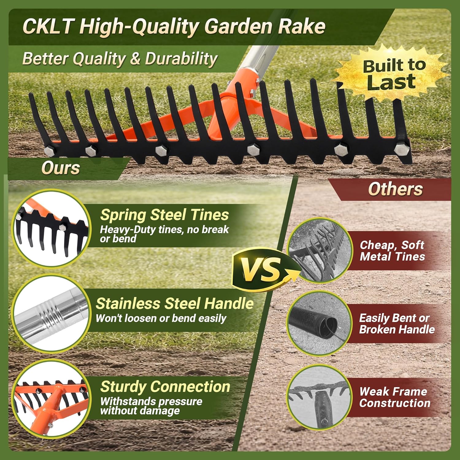 Garden Rake 17 Tempered Spring Steel Tines Heavy Duty Rake for Lawns Bow Rakes Metal Rakes with 62 Inch Stainless Steel Adjustable Long Handle for Loosening Soil Yard Work