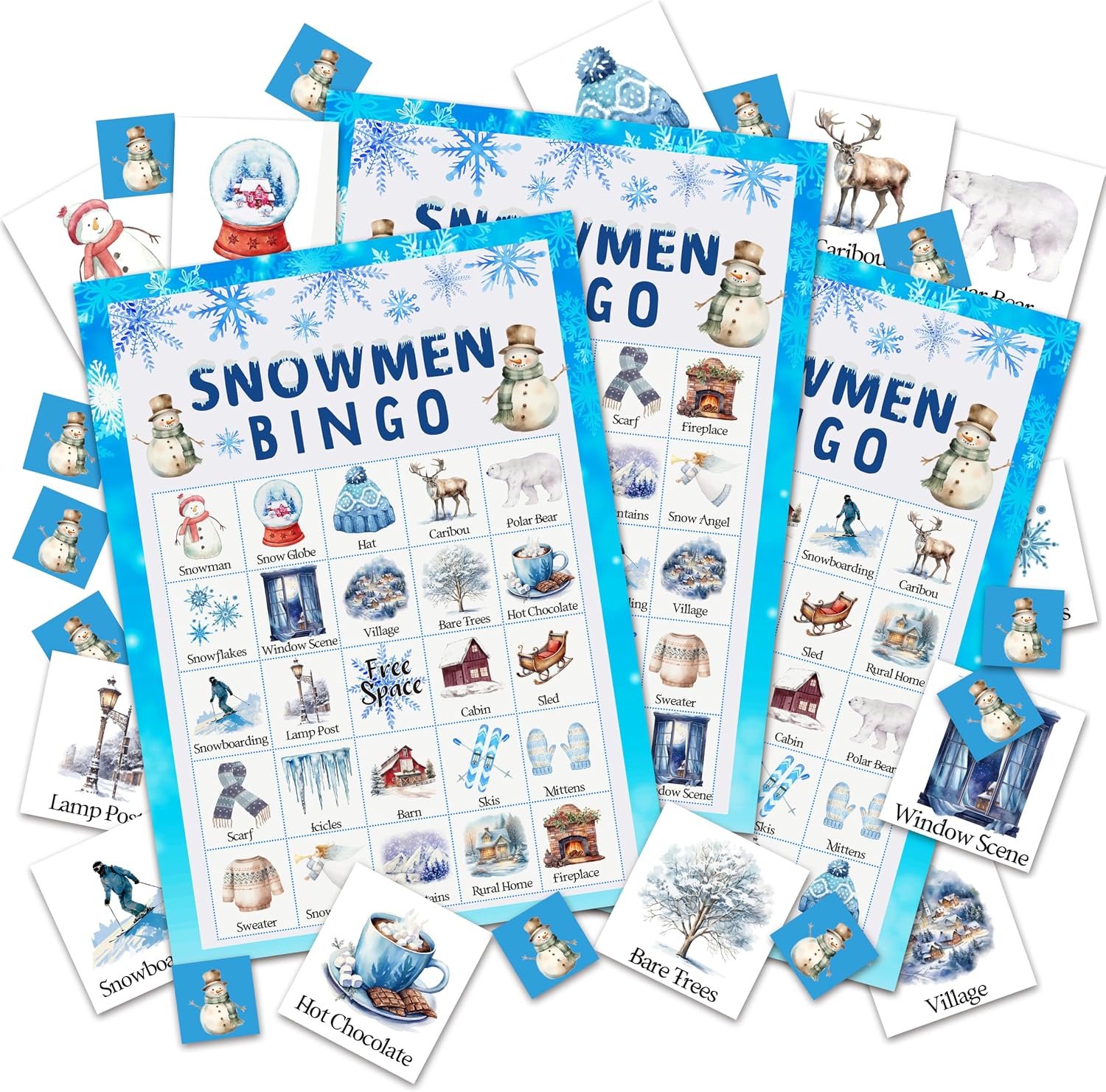 Winter Bingo Games for 24 Players, Snowman Bingo Crads for Adults Large Group, Christmas Party Supplies, Family Activities New Year Favors -04