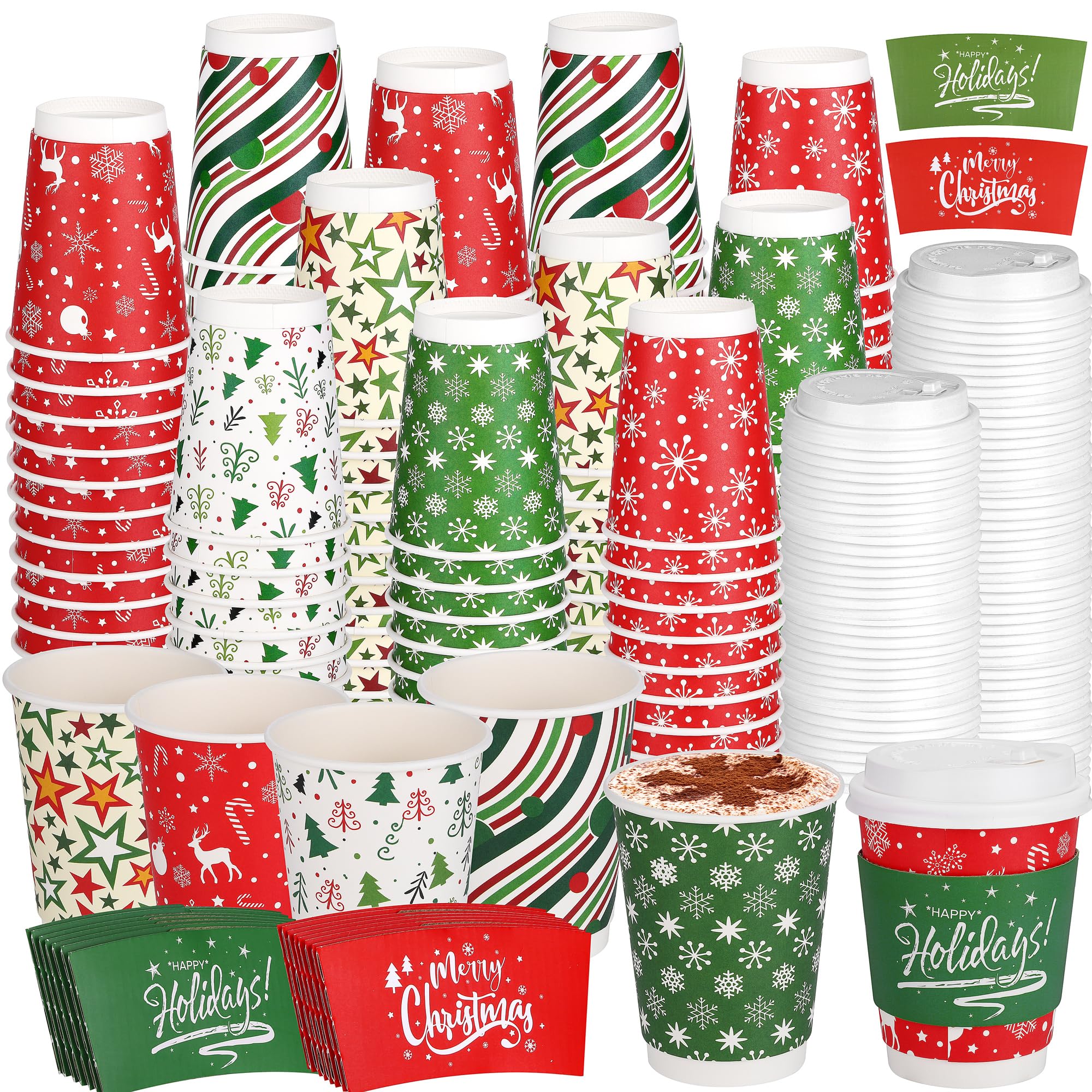 Amazon.com: Kochorie100 Set 12 oz Christmas Disposable Coffee Cups with  Dome Lids Sleeves Christmas Disposable Paper Extra Thick Insulated Cup for  Hot Cold Drinks Xmas Hot Chocolate Party Supplies Classic Style :