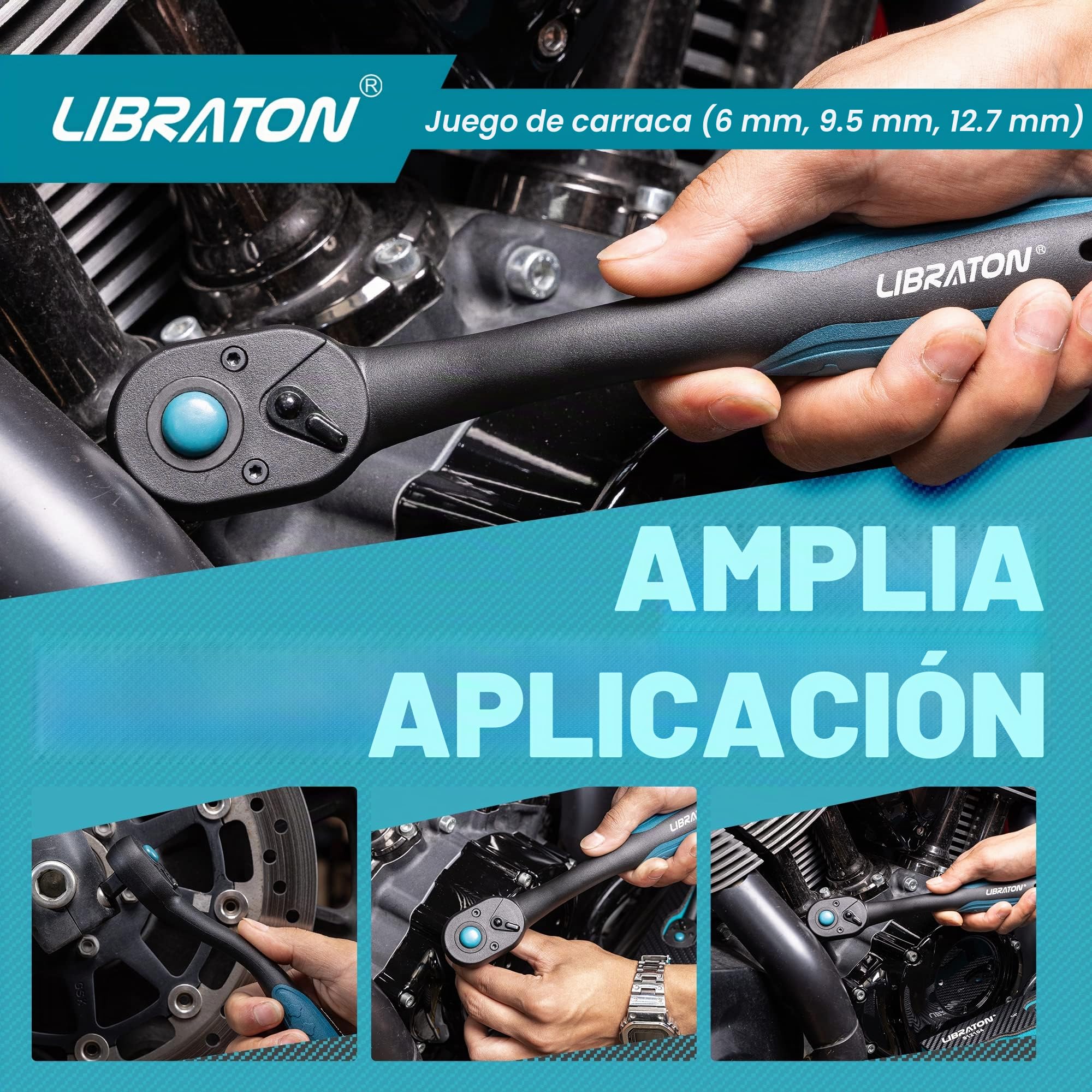 LIBRATON Trinquete Reversible, Trinquete Mango de Liberación Rápida, Juego de 3 piezas de trinquete de 1/2 "3/8" 1/4", 72 Dientes, para Reparación de Automóviles