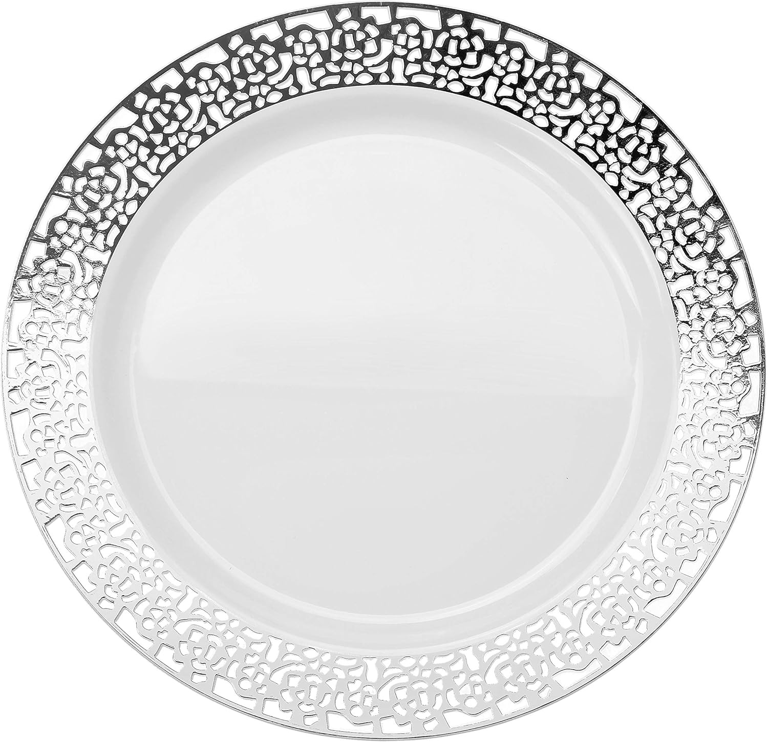 " OCCASIONS " 40 Plates Pack, Heavyweight Disposable Wedding Party Plastic Plates (10.25'' Dinner Plate, Florence White & Silver)