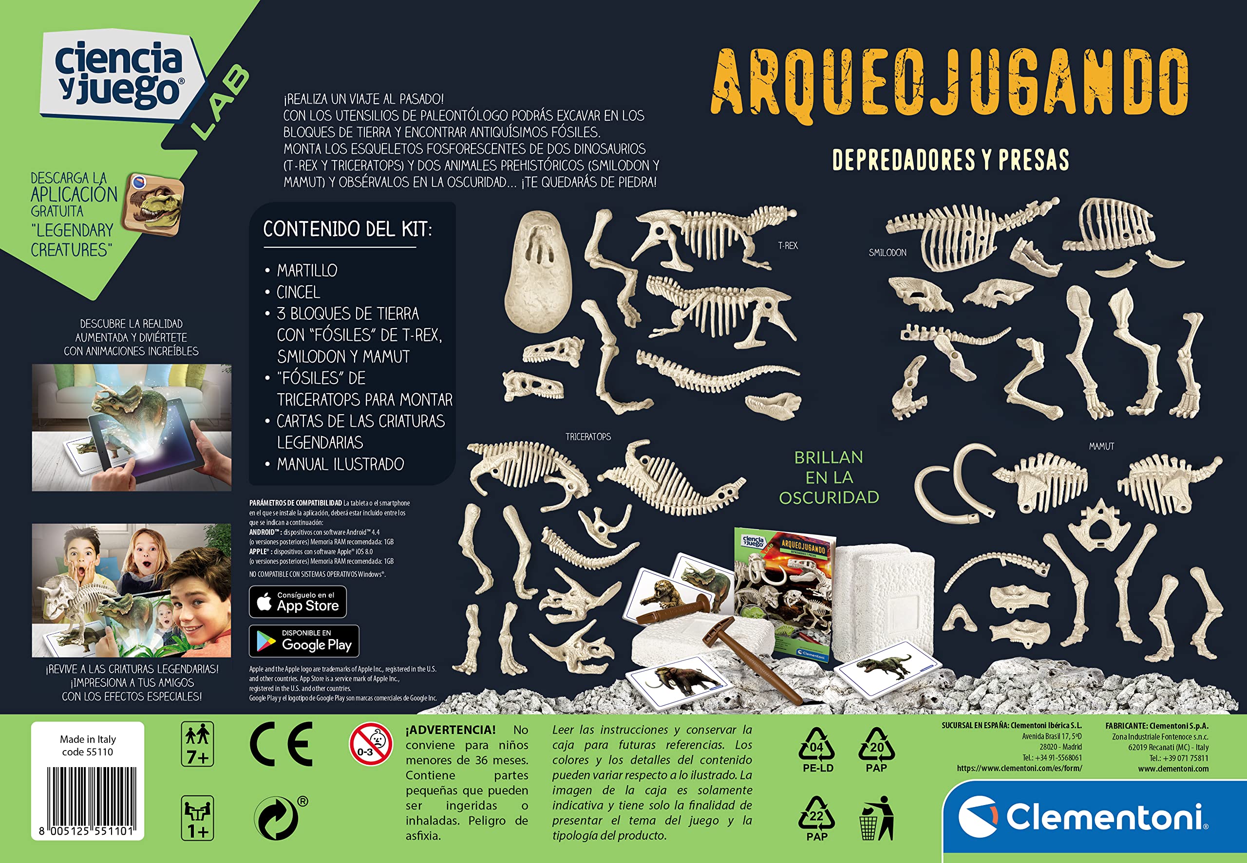 Clementoni-55110 - Arqueojugando Depredadores y Presas - Juego científico para excavar y Montar Dinosaurios a Partir de 7 años