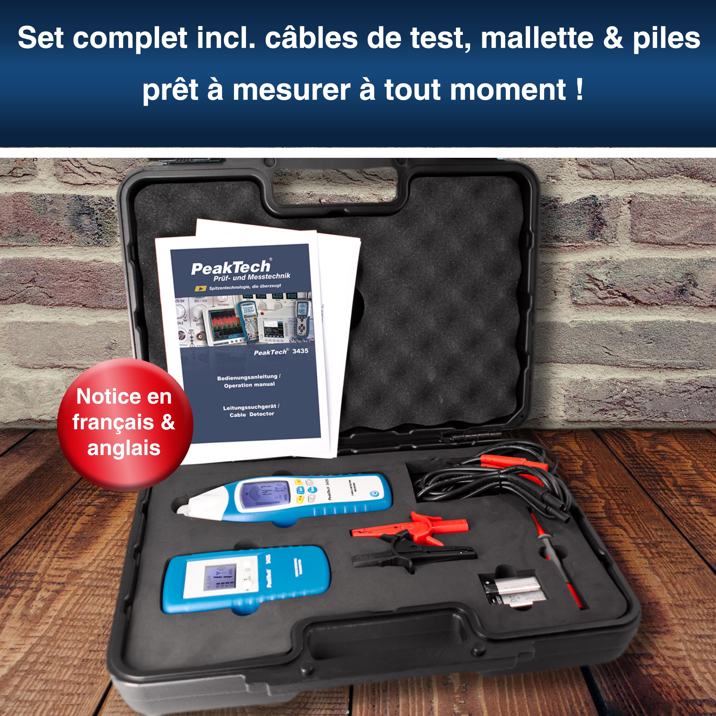 PeakTech 3435 - Détecteur de Câbles avec Émetteur et Récepteur, Voltmètre, Détecte les Courts-Circuits, Fusibles, Tuyauteries, y Compris dans les Murs, Plafonds et Sols - jusqu'à 2m de Distance