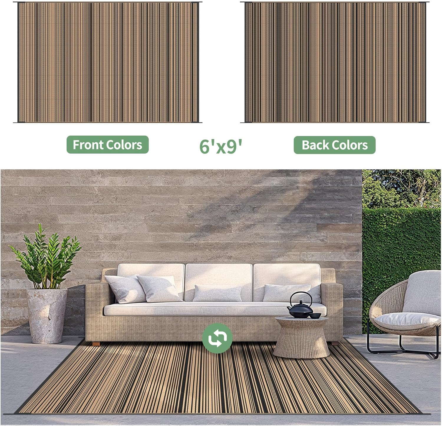 GENIMO Outdoor Rug 6x9 ft Waterproof, Reversible Plastic Straw Patio Rug for RV Camping Mat, Deck, Backyard Balcony Mat - Lightweight & Easy to Clean, BlackBrown