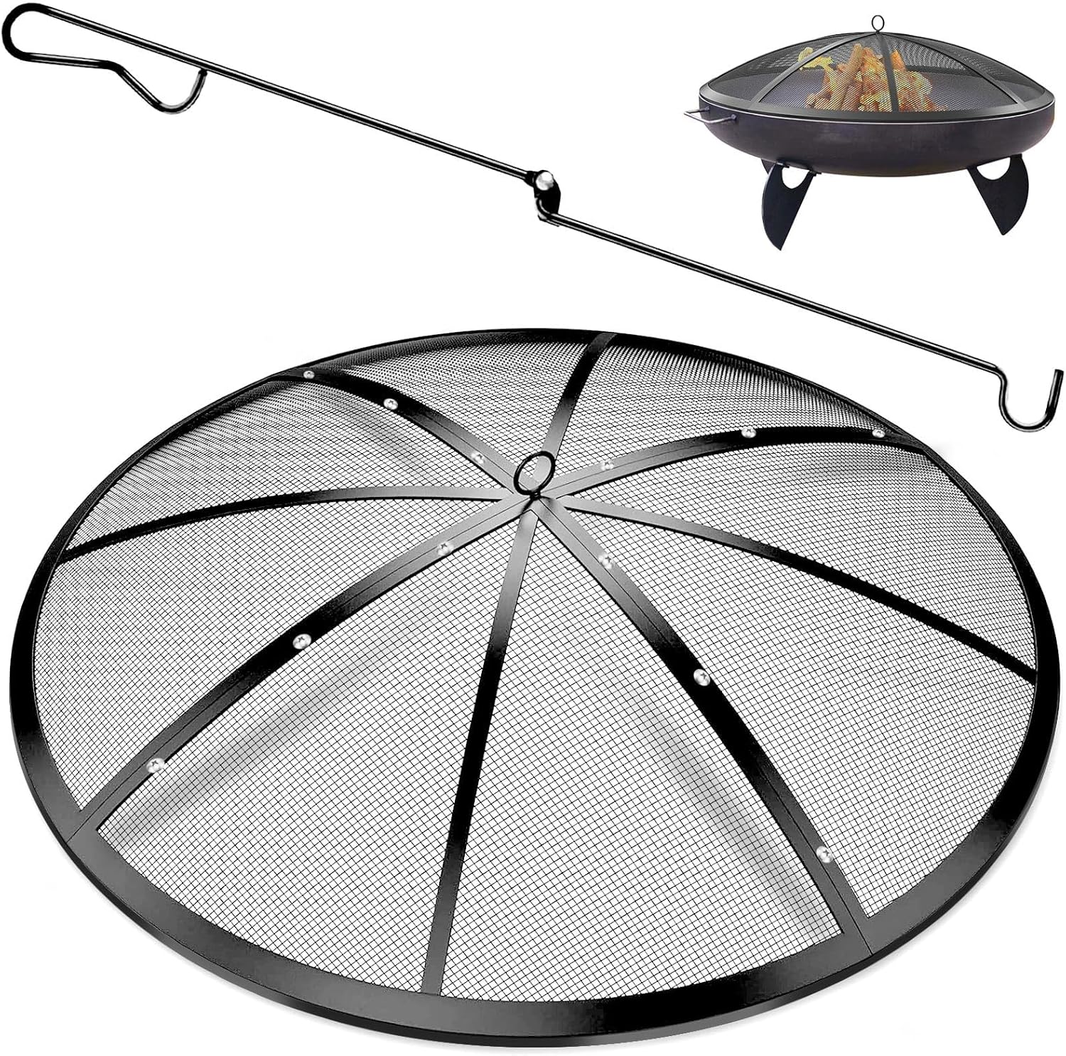 Fire Pit Spark Screen, 22 Inch Outdoor Fire Pit Screen with Handle & Poker, Heavy-Duty Steel Fire Pit Cover Round Mesh Replacement Firepit Screen for Backyard/Beach/RV Camping
