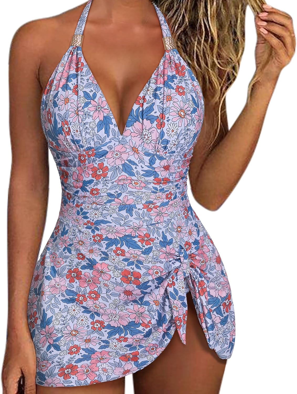 SUUKSESS Women One Piece Swim Dress Tummy Control Swimsuit Tie Knot Bathing Suit