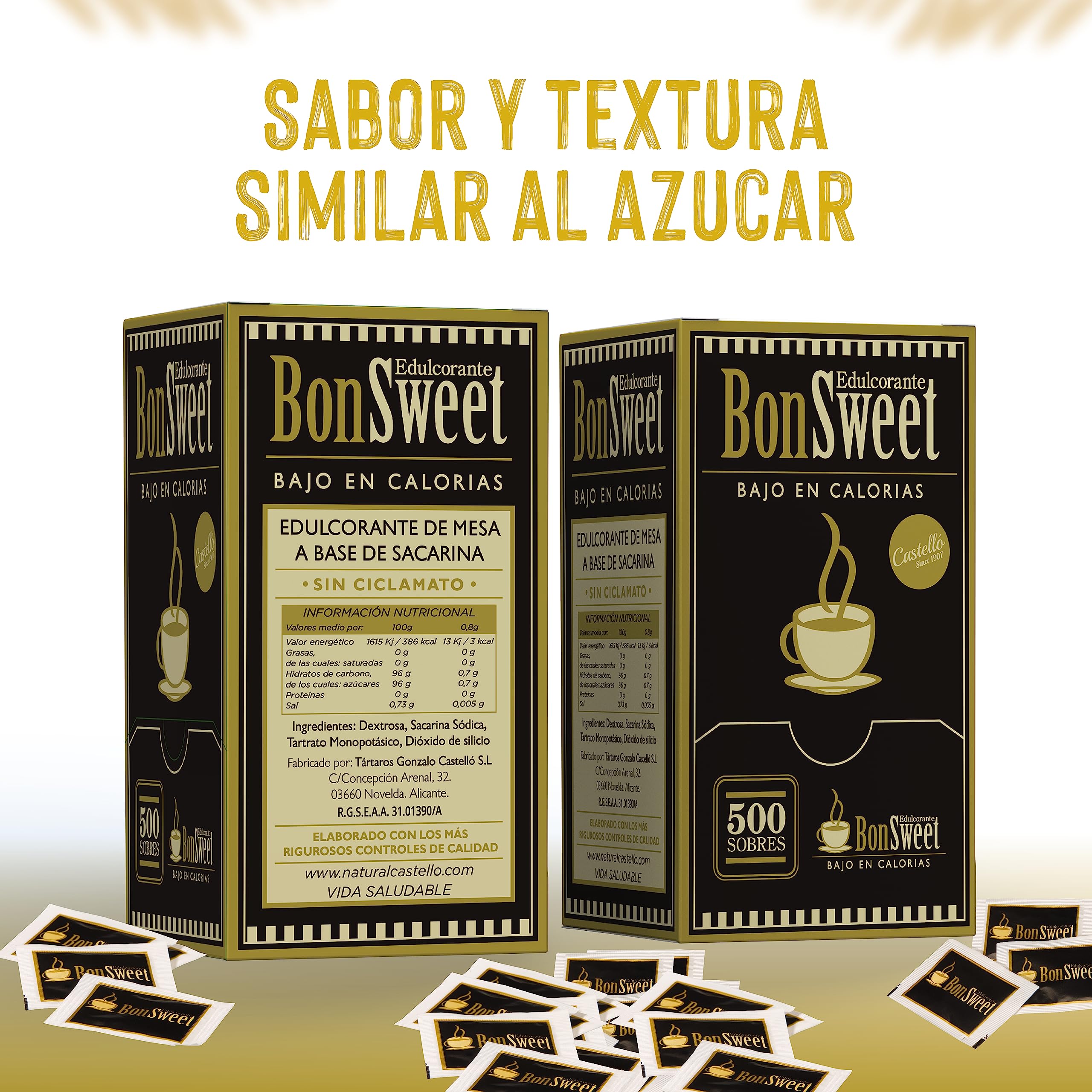 Castello since 1907 Edulcorante Bonsweet Sacarina Sin Ciclamato 500 Sobres | Monodosis | 1 sobre = 0.8g Azúcar | Bajo en Calorías | Ideal Café, Hostelería y Oficina - 400g