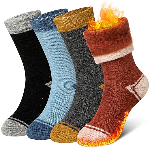 Eyean Kids Wool Heated Hiking Socks Thick Warm Thermal Soft Winter Snowboarding Boy Girls Insulated Socks 4 Pairs (8-12 Years,Mixed Color)