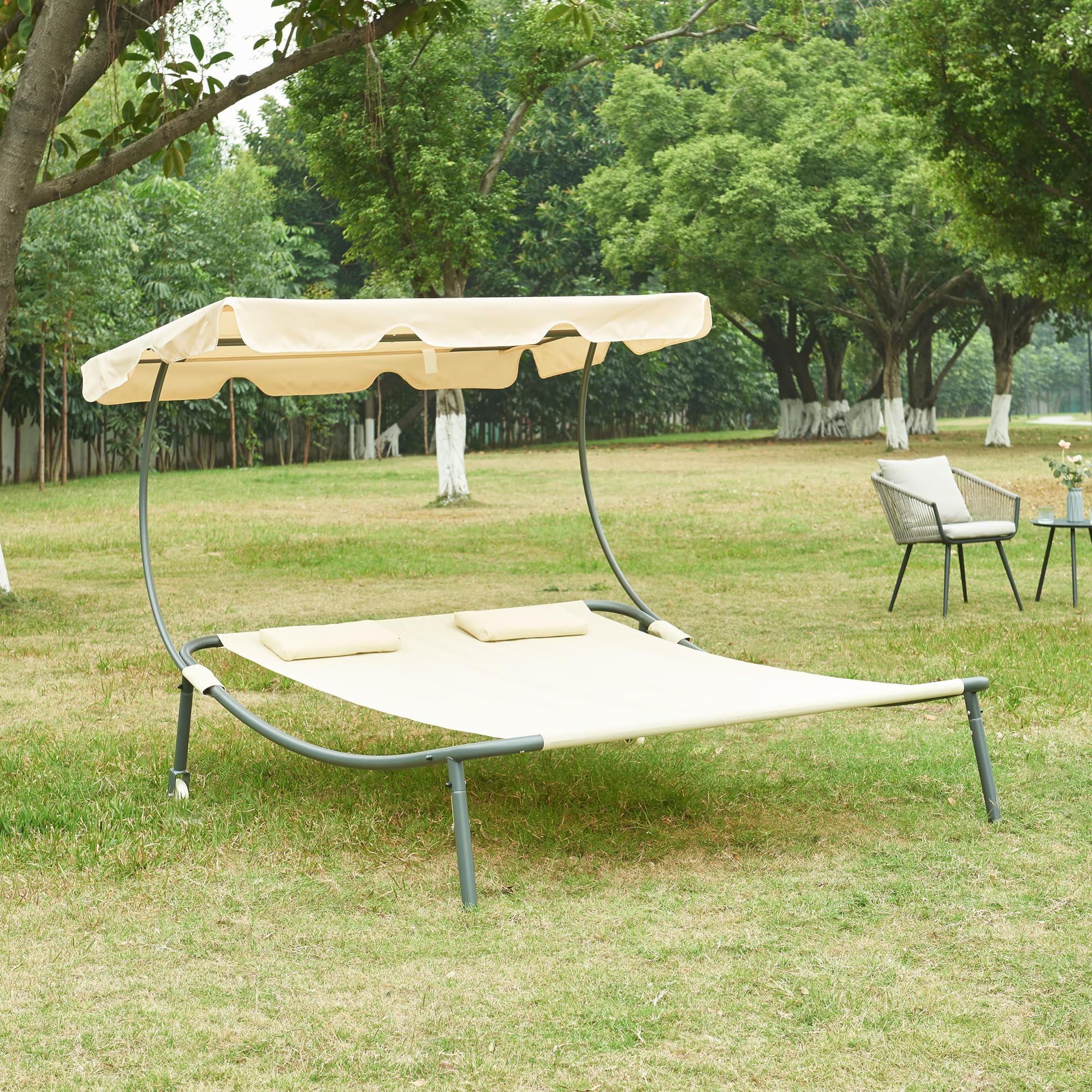 casa.pro Tumbona Jardín Exterior para 2 Personas Cama Solar Doble Independiente con Ruedas 2 Cojines y Parasol Toldo Ajustable Acero Poliéster 200x173x146cm - Beige y Antracita