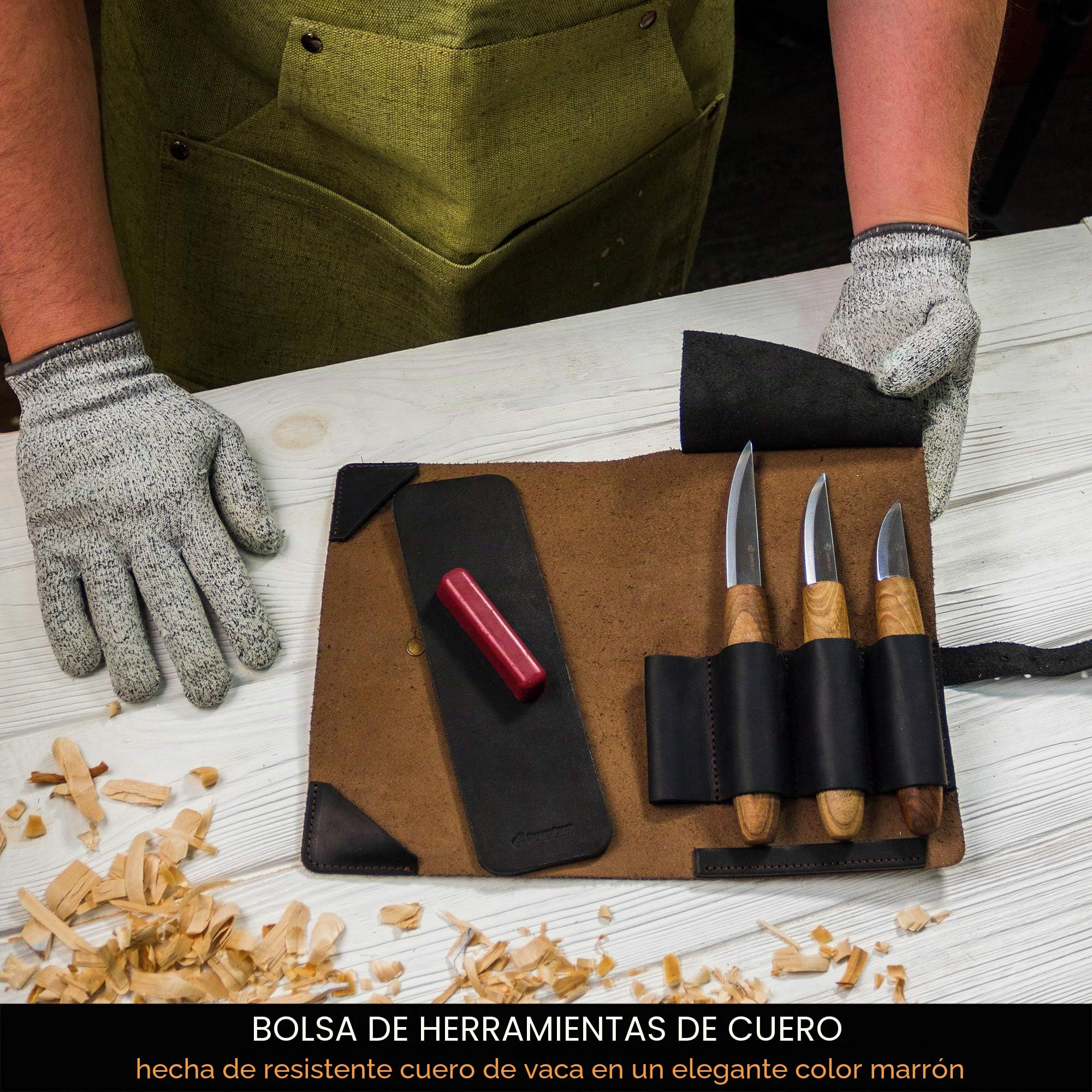 BeaverCraft, Juego de Herramientas de Tallado de Madera de Lujo S19x, Juego de Cuchillos para Tallar Madera con Afilador de Cuero y un Compuesto para Pulir en una Bolsa de Herramientas de Cuero
