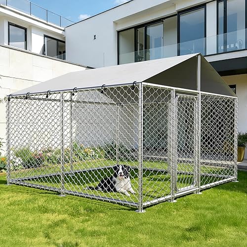 Perrera resistente para perros de 7.8 x 7.8 pies con techo impermeable y resistente a los rayos UV, mecanismo de bloqueo seguro, caja de metal