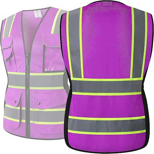 Miniatura 5 de JKSafety Chaleco de seguridad reflectante de alta visibilidad para mujer, tiras reflectantes cosidas en el cuerpo de color neón, transpirable,