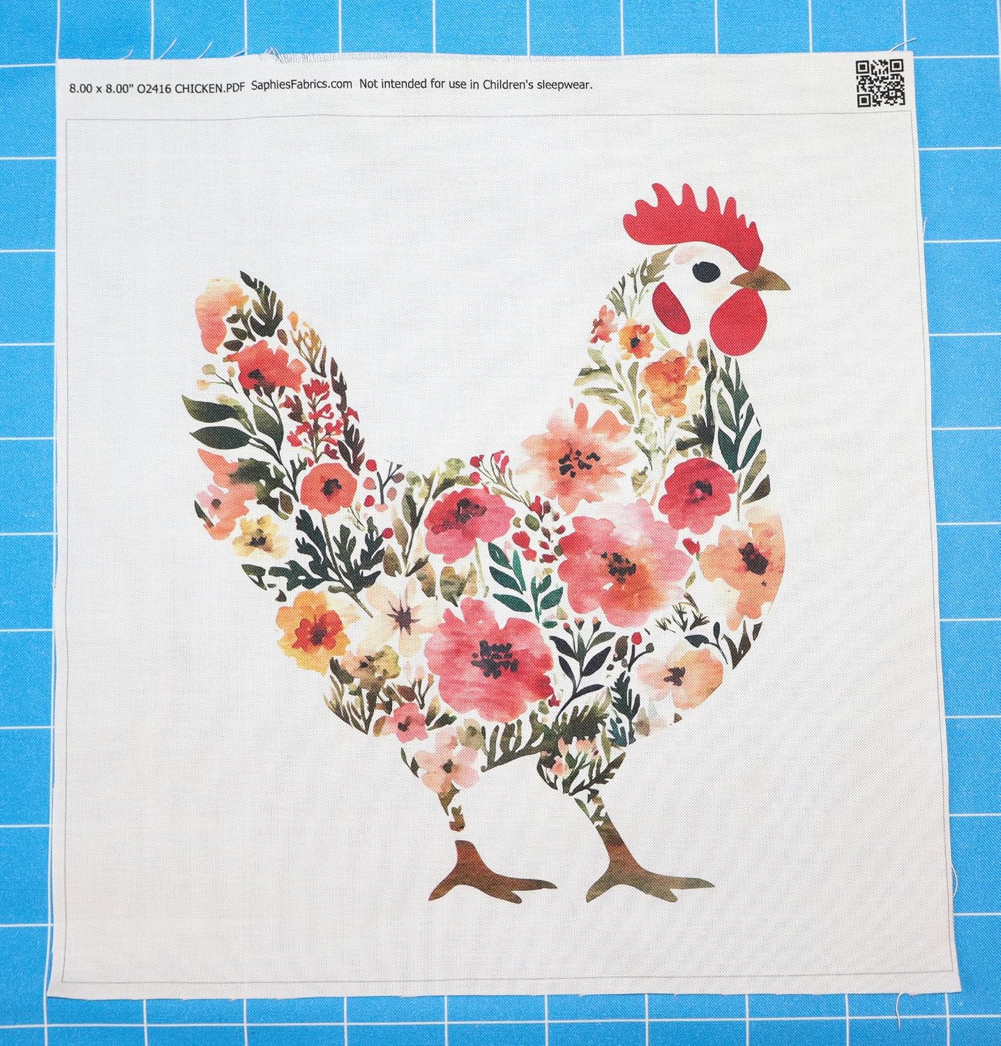 Fabric Panel 8"x8" Floral Chicken 100% Cotton Quilt Square Block O2416