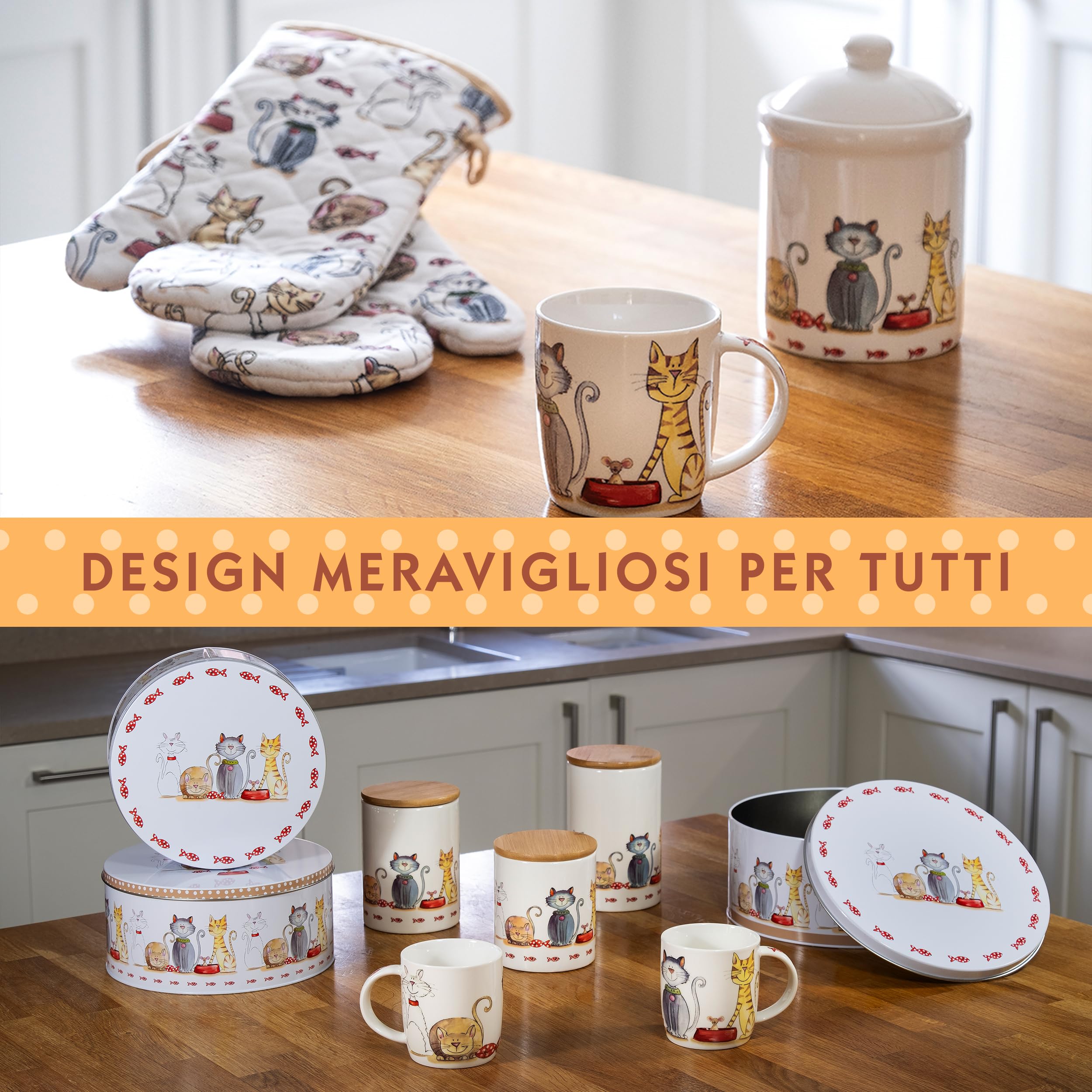 SPOTTED DOG GIFT COMPANY Set di 3 Scatole di Latta, Contenitori Impilabili per Biscotti in Metallo, Barattoli di Latta Rotondi Ermetici per Conservare Torte e Alimenti, Piccoli Medi Grandi - Gatti