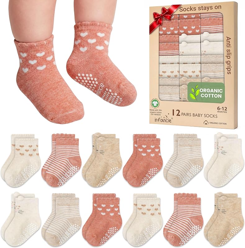 GOTS Algodón Orgánico Mezcla 12 medias Infantiles con Grip 6-12M Niño Regalo Antideslizante | Certificado Oeko-Tex, medias Bebé, 12 Pares, medias Recién Nacido Niño, medias Bebé 12 Meses, Melocotón y Beige, Para Bebé Niño, 6-12 Meses