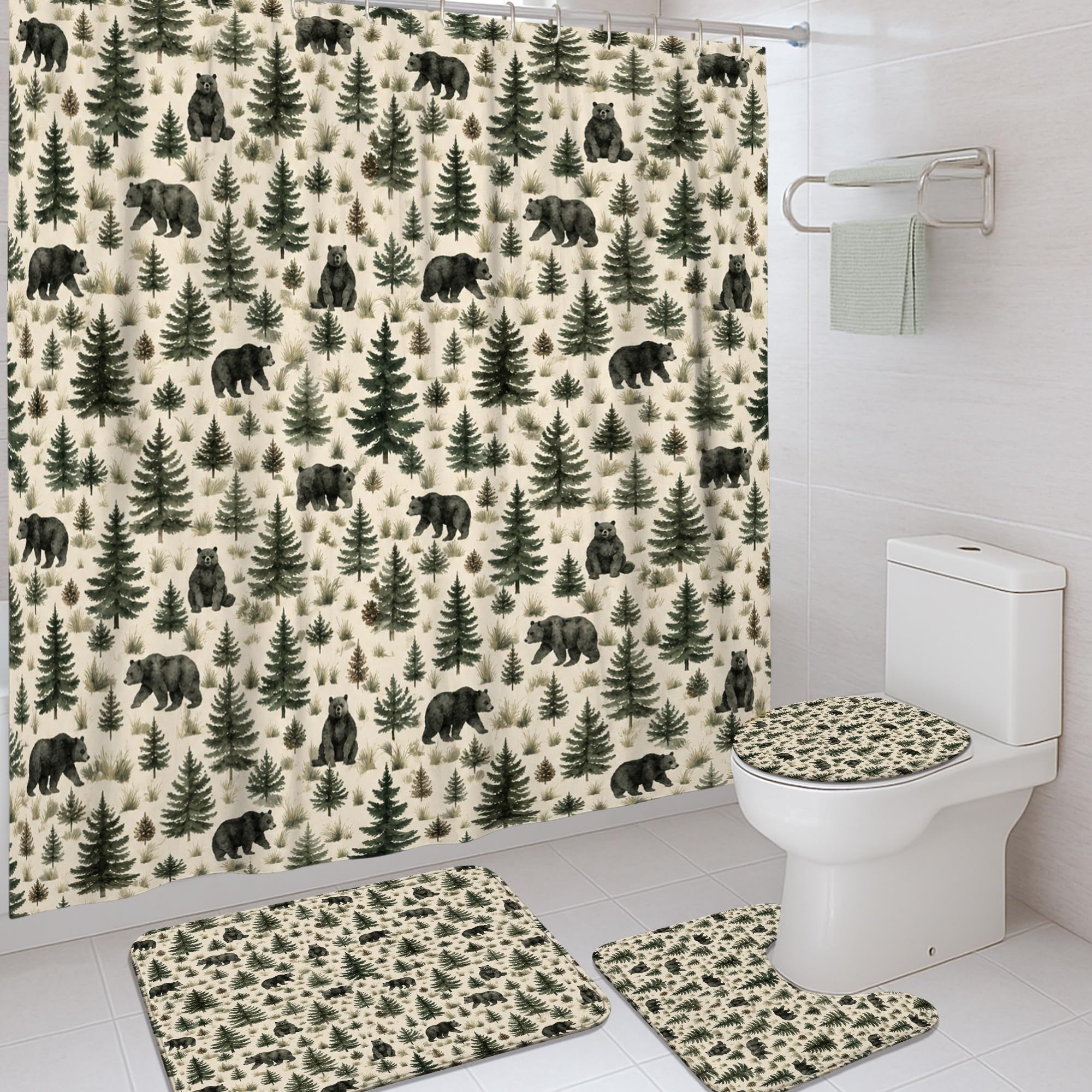 Rideau de douche imperméable motif ours avec tapis absorbant pour baignoire