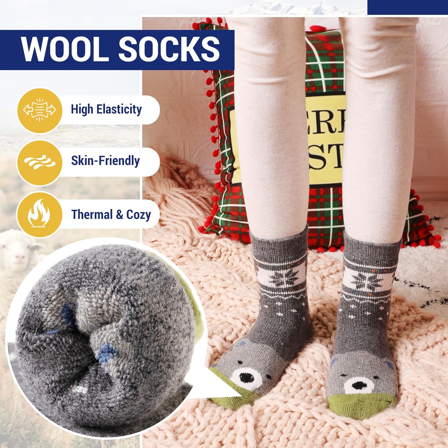 Eocom Kids Wool Socks For Boys Girls Warm Hiking Thermal Winter Cozy Soft Thick Toddlers Crew Boot Socks 6 Pairs - Image 3
