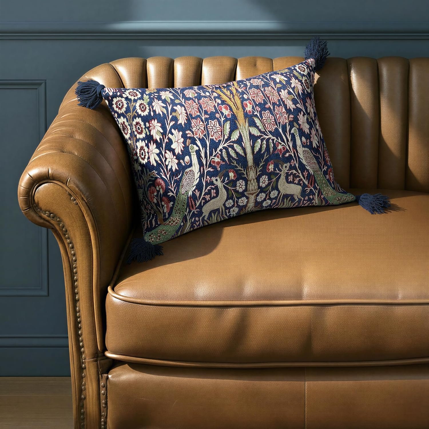 Creative Co-Op Woodland Print Tassel Cotton Velvet Lumbar Pillow, Multicolor Finish