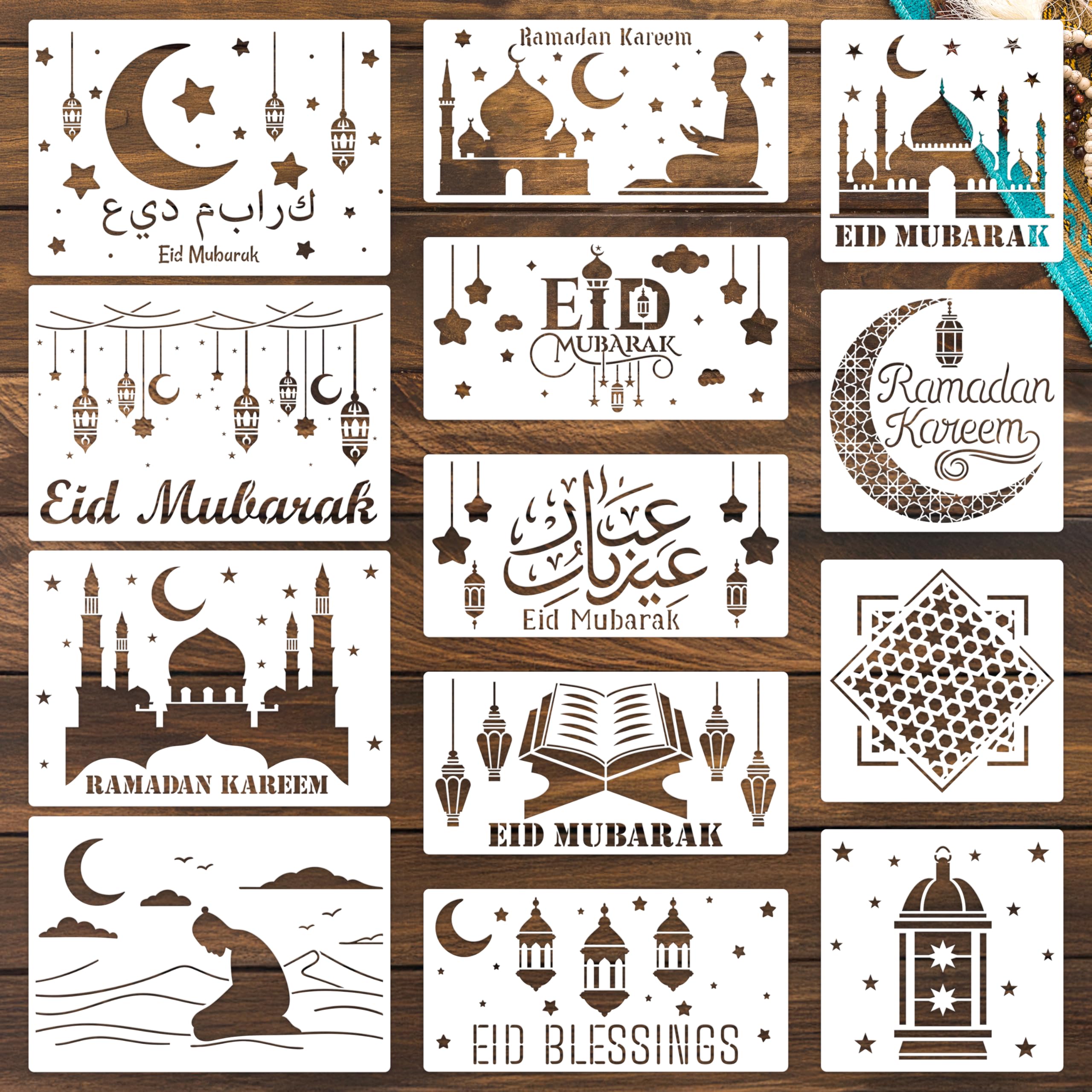 Photo 1 of 13Pcs Eid Mubarak Stencils Reusable Ramadan Kareem Moon Star Mosques Plastic Painting Templates Islamic Muslim Holiday DIY Art Crafts Decorations for Eid al-Fitr Wall Floor Fabrics, Assorted Sizes