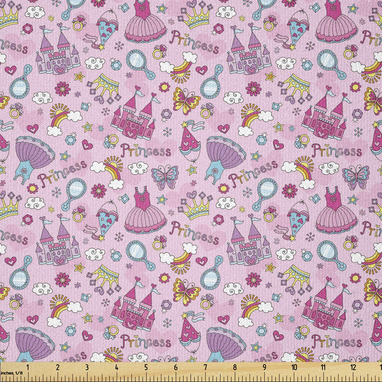 Lunarable Cartoon Fabric by The Yard, Classic Themed Pattern with Cartoon Castle and Rainbows Blushy Tone Print Hearts, Stretch Knit Fabric for Clothing Sewing and Arts Crafts, 2 Yards, Pink Magenta