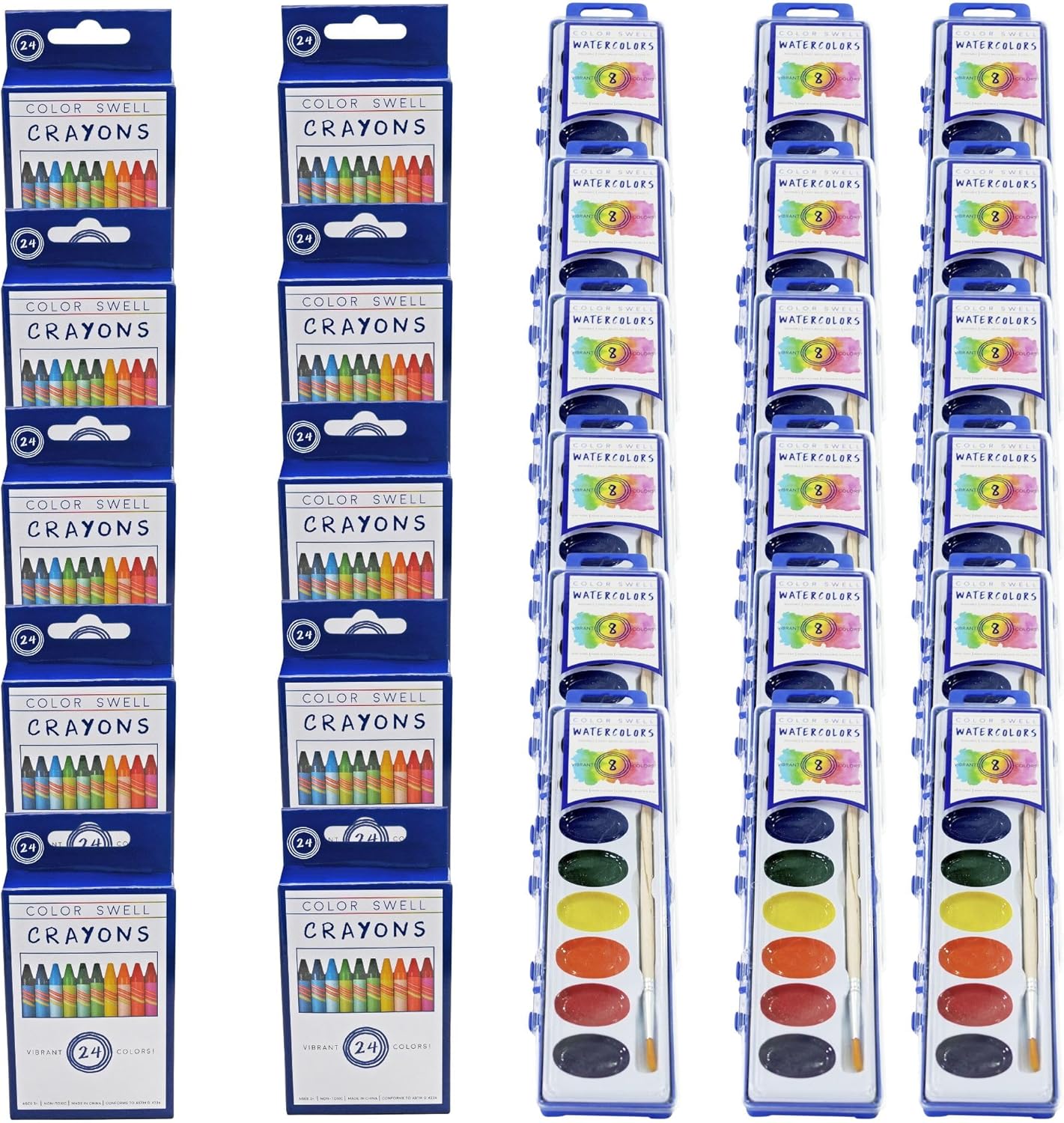 Color Swell Bulk 8Color Watercolors (18pk) and Bulk Crayons (240 Total)