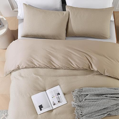 Miniatura 7 de Funda de edredón con 50 % viscosa derivada del bambú, 50 % algodón, tamaño Queen, ultra suave, tejido de gofre, tamaño Queen, transpirable, con
