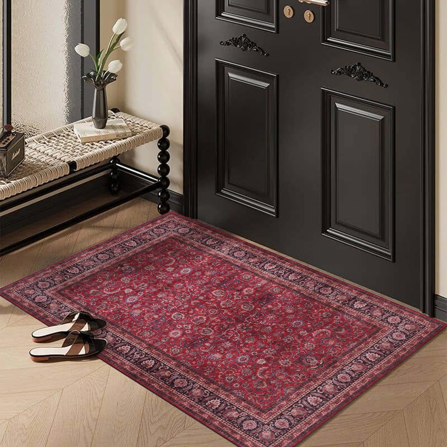 GLN Rugs Traditional Collection - Machine Washable Area Rug, Traditional Washable, Non Slip, Low Pile Chenille Rug, Living Room, Bedroom, Kitchen Rug (2' x 3' Dark Red)