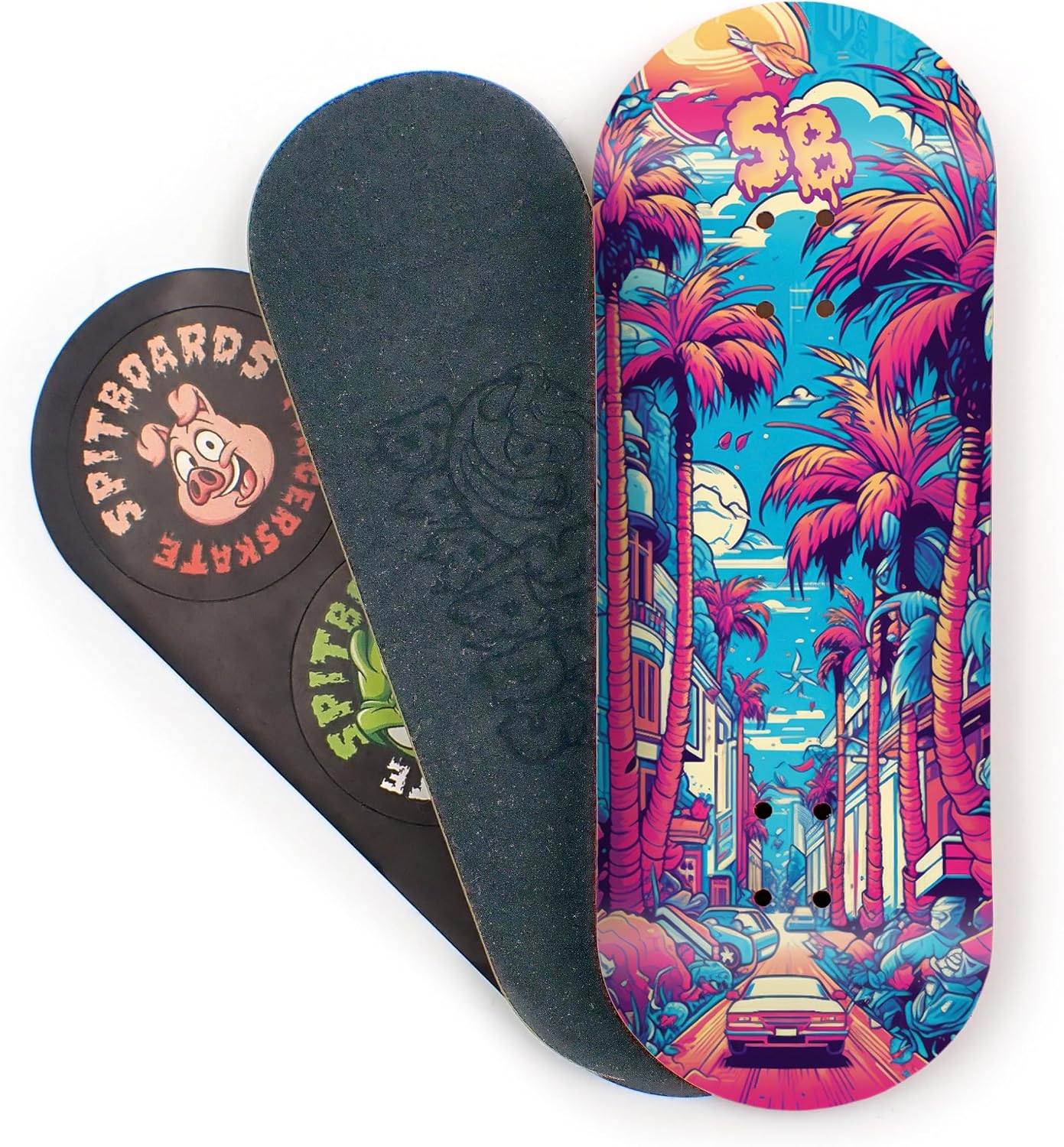 SPITBOARDS® 34mm Fingerboard Deck - Real Wood (5-Layers) Classic Popsicle Street Shape - Size: 34 x 96 mm - Single Graphic Deck (Real Wear) - Optimized Concave - Miami Street