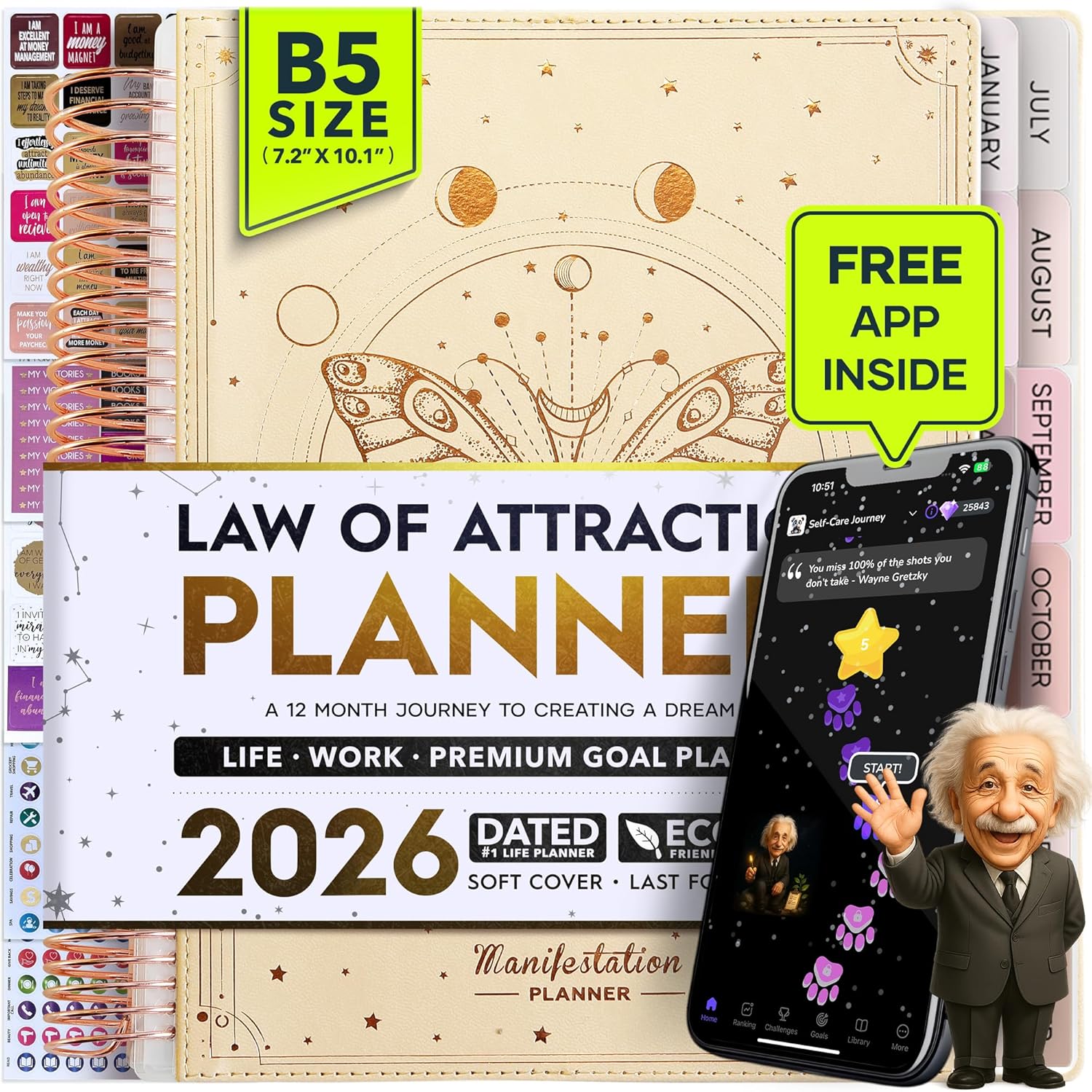 Manifestation Journal – Hourly, Weekly & Monthly Planner with Productivity App | 12-Month Life Organizer & Goal Planner | Spiral Journal, Habit Tracker, Foldable Vision Board & Gift Box