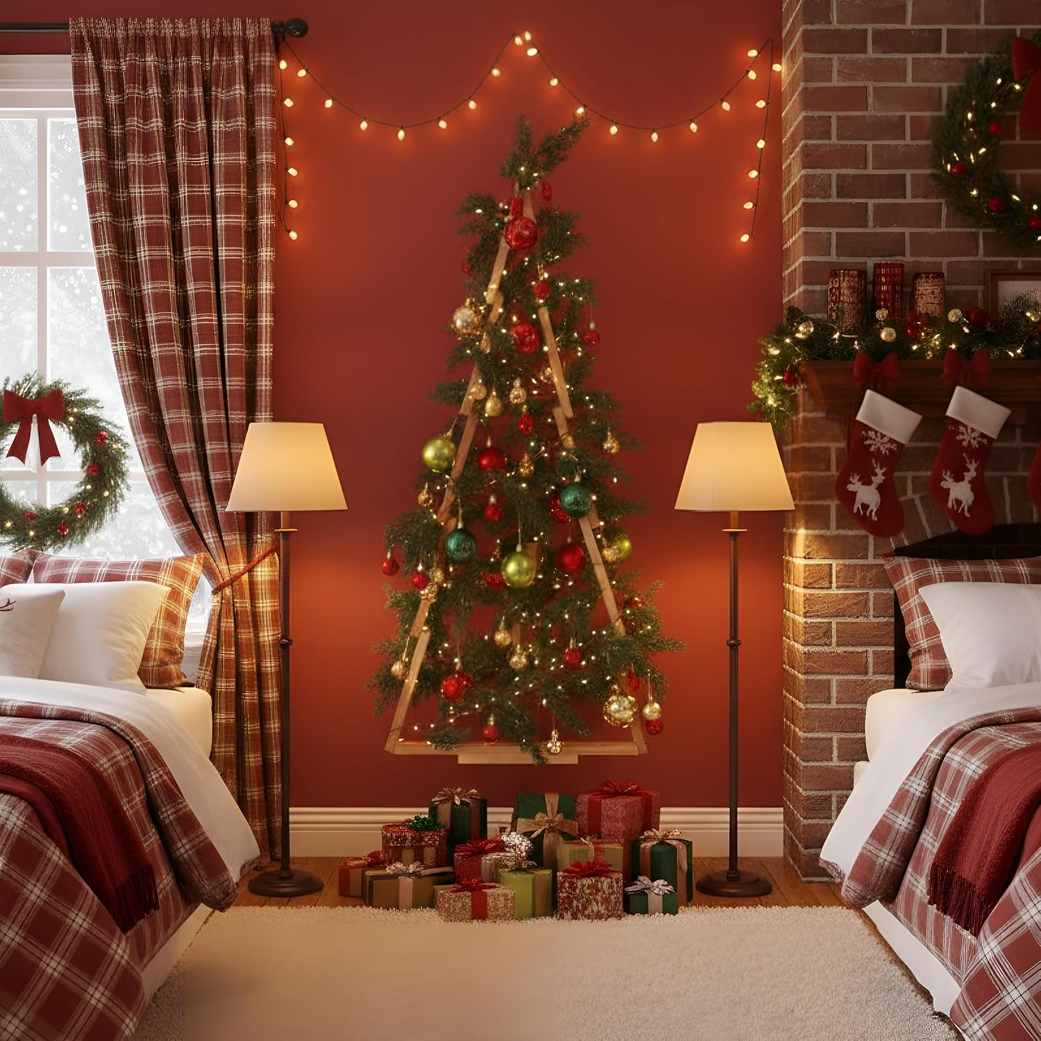 47 Pcs 3 FT Wall Christmas Tree with Lights Large Christmas DIY Wall Decor Set Include Hanging Ball Ornaments LED String Lights Norfolk Pine Garland Artificial Xmas Tree Home Decor