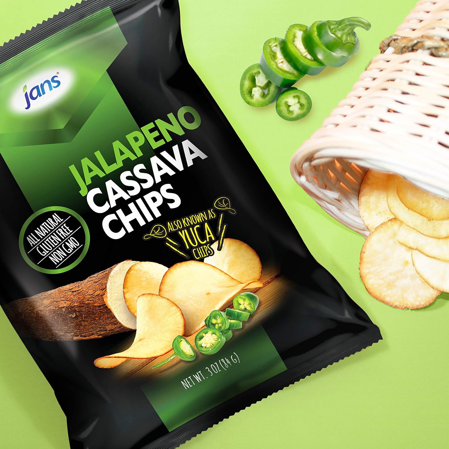 Jans Root Chips (3 oz - Pack of 12, Jalapeno Cassava Chips)
